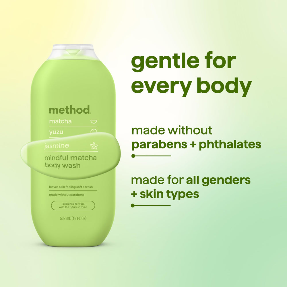 Method bottle on shower shelf in use for a refreshing routine