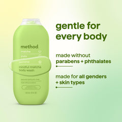Method bottle on shower shelf in use for a refreshing routine