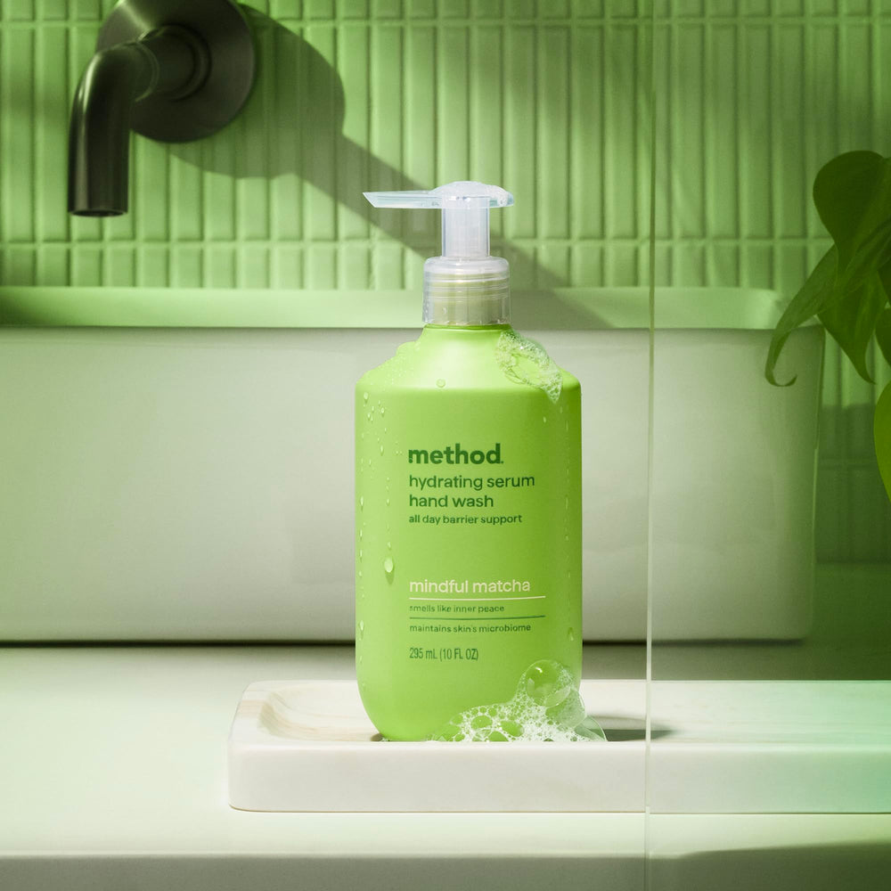 Method bottle staged in a bathroom suggesting a calm, clean atmosphere