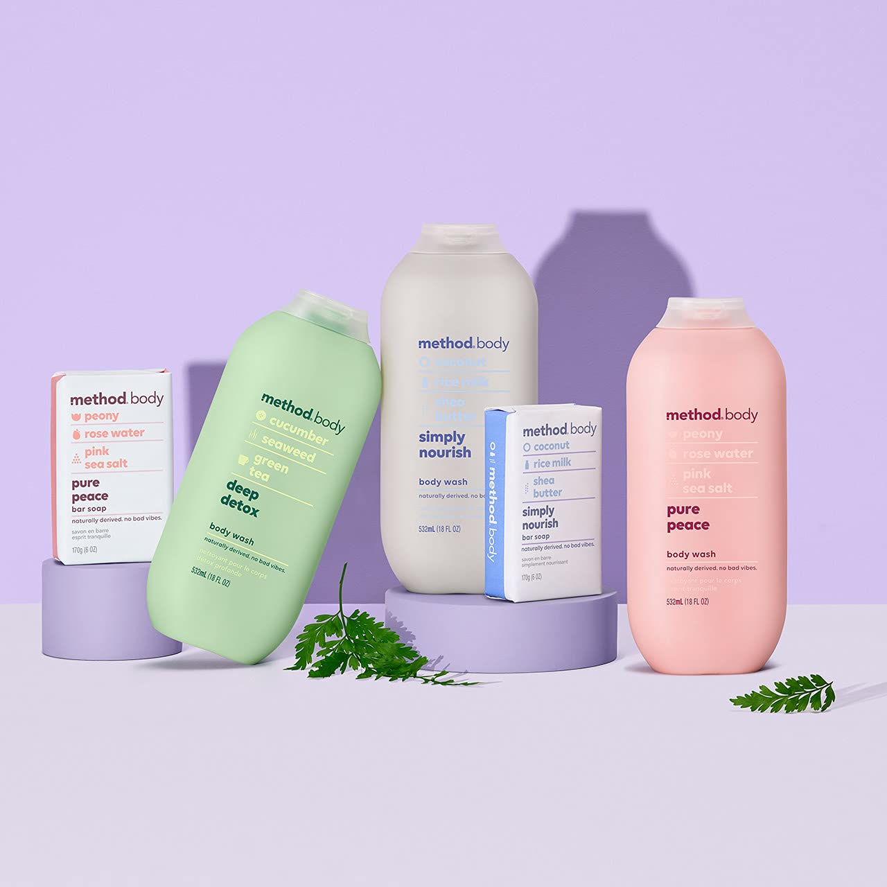 Method in bathroom lifestyle scene showing soap on tray and calming scent benefit