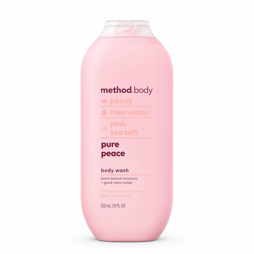 Method Pure Peace front label showing scent and size, clear packaging benefit