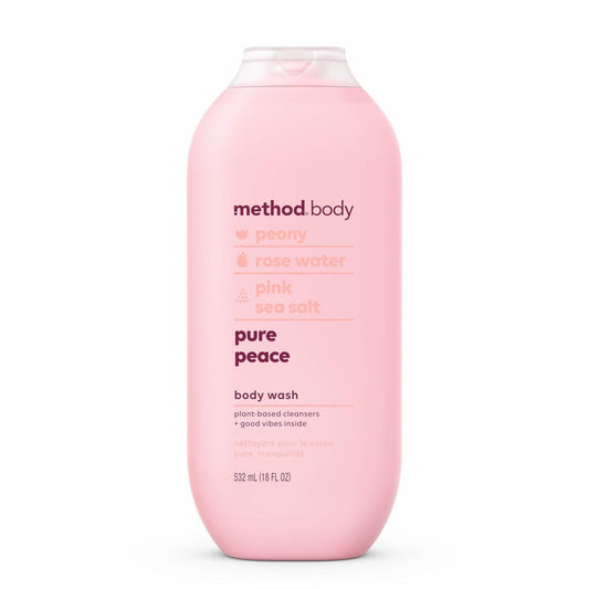 Method Pure Peace front label showing scent and size, clear packaging benefit