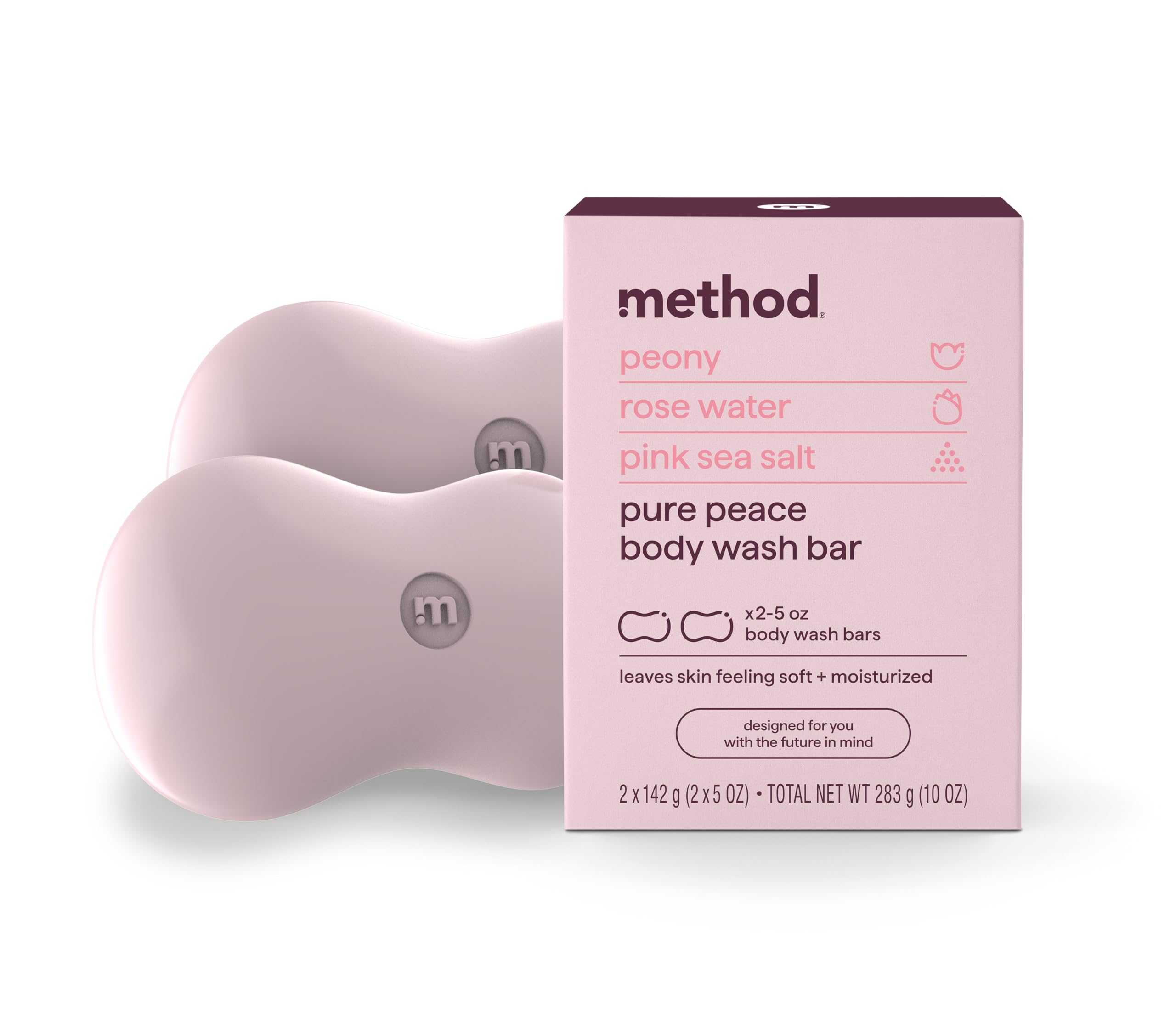 Method bar soap front packaging showing two bars and scent benefits
