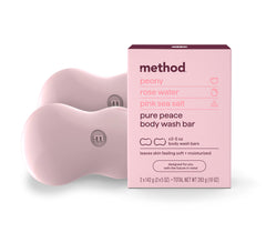 Method bar soap front packaging showing two bars and scent benefits