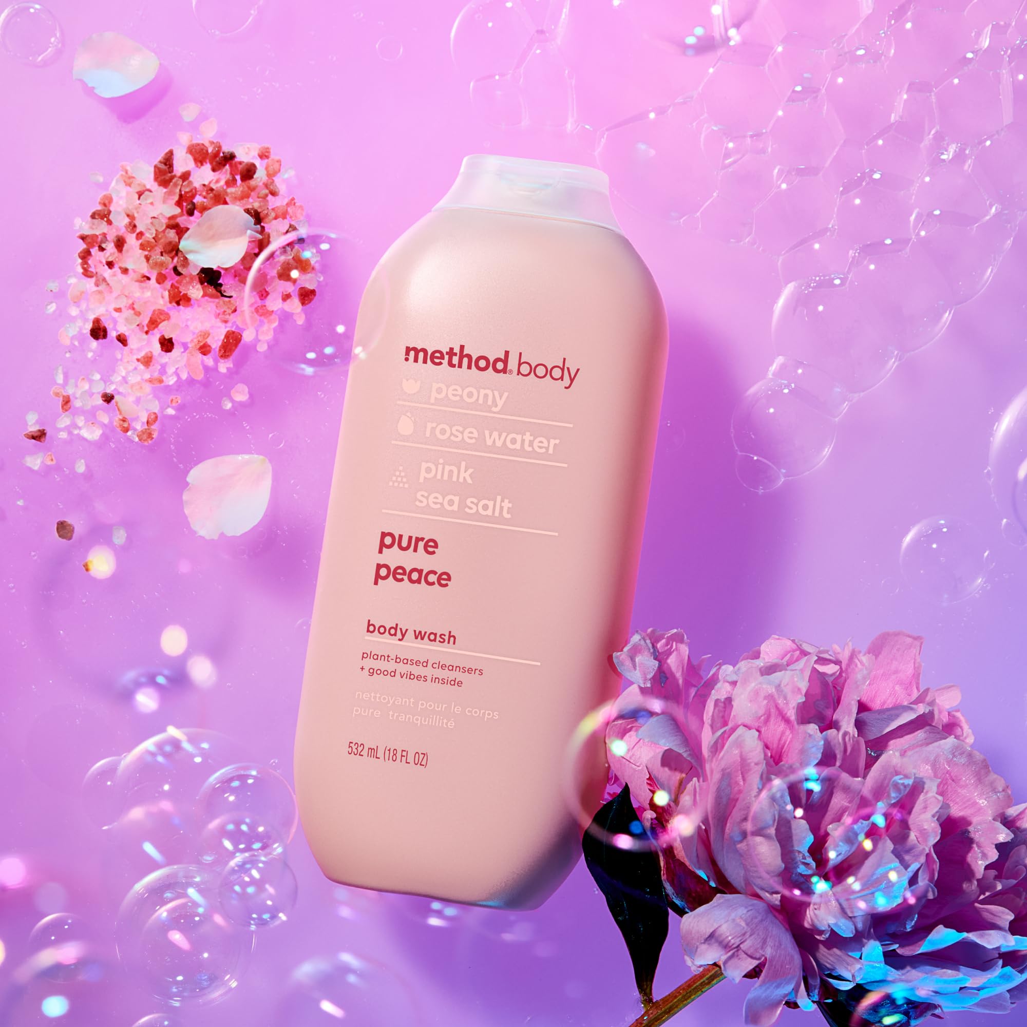 Method Pure Peace in-shower use with loofah, illustrating effective daily cleansing