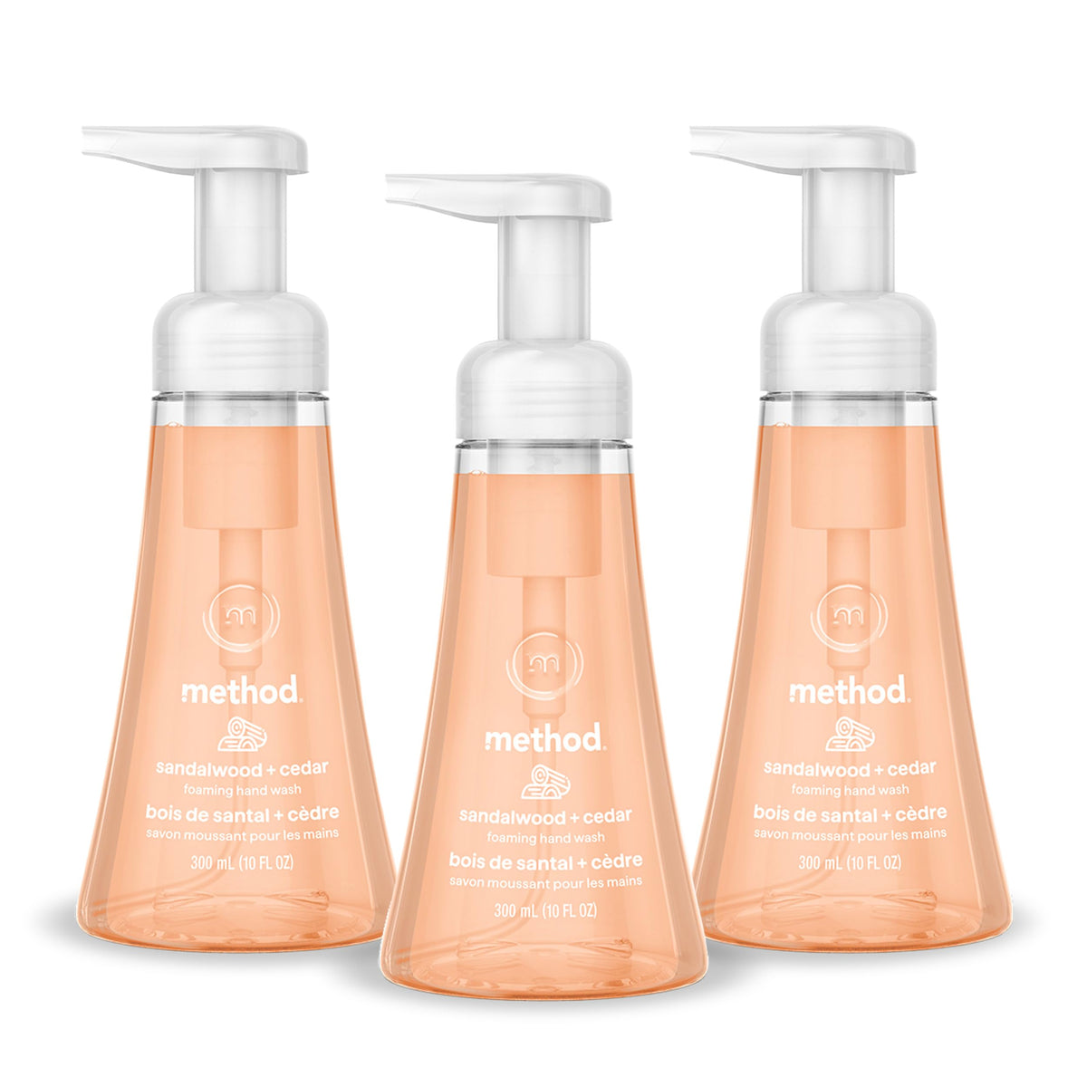 Method front packaging of three 10 fl oz bottles showing scent and recycled plastic benefit