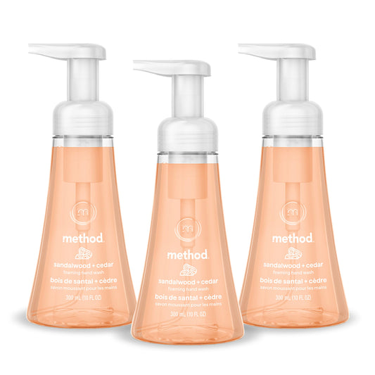 Method front packaging of three 10 fl oz bottles showing scent and recycled plastic benefit
