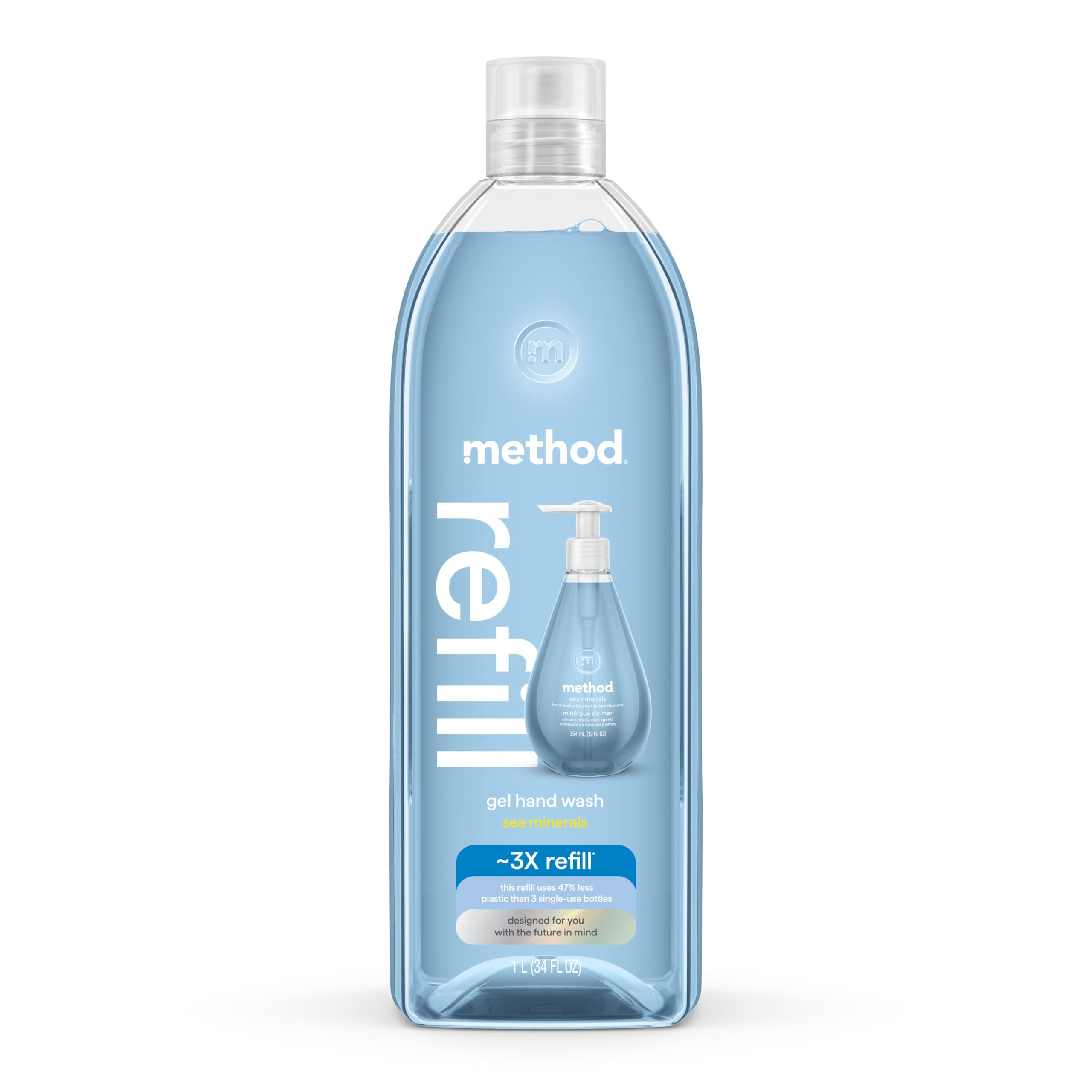 Method front packaging showing recyclable 34 fl oz refill and clear brand label