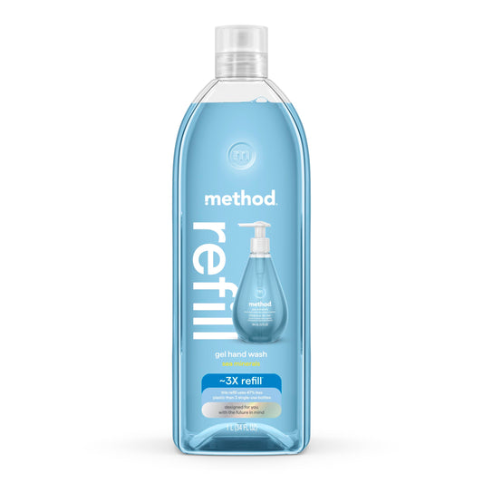 Method front packaging showing recyclable 34 fl oz refill and clear brand label