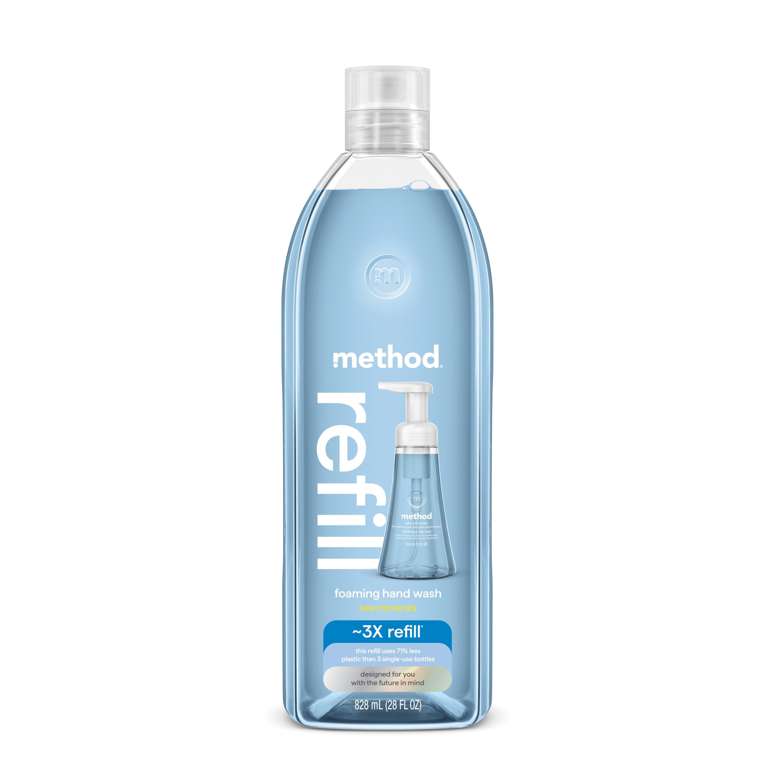Method refill front packaging showing recyclable 28 oz bottle and branding benefit