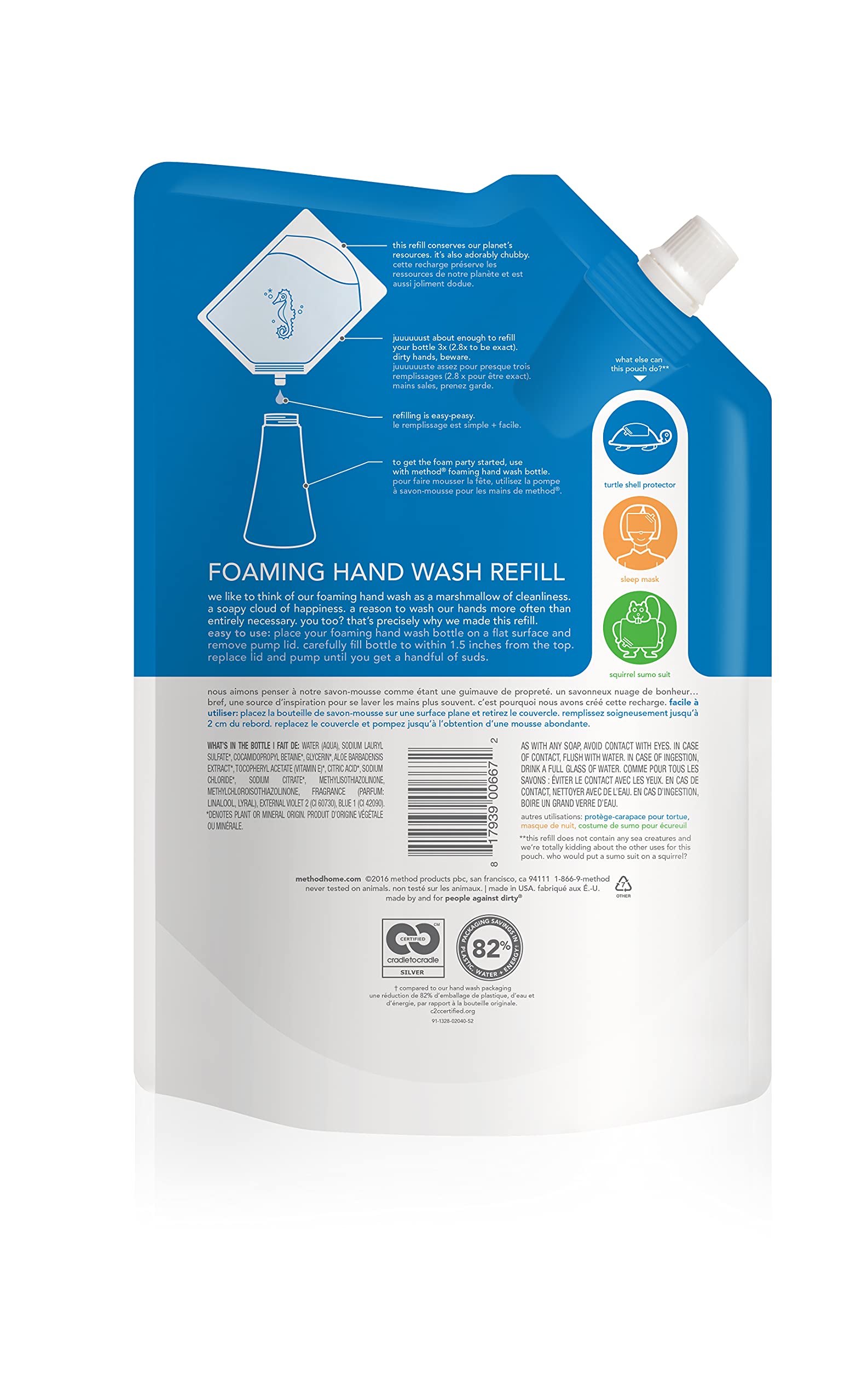 Method refill pouch close-up, highlights label and recyclable pouch benefit