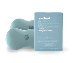 Method Sea + Surf front packaging showing plastic-free two-bar set and benefits