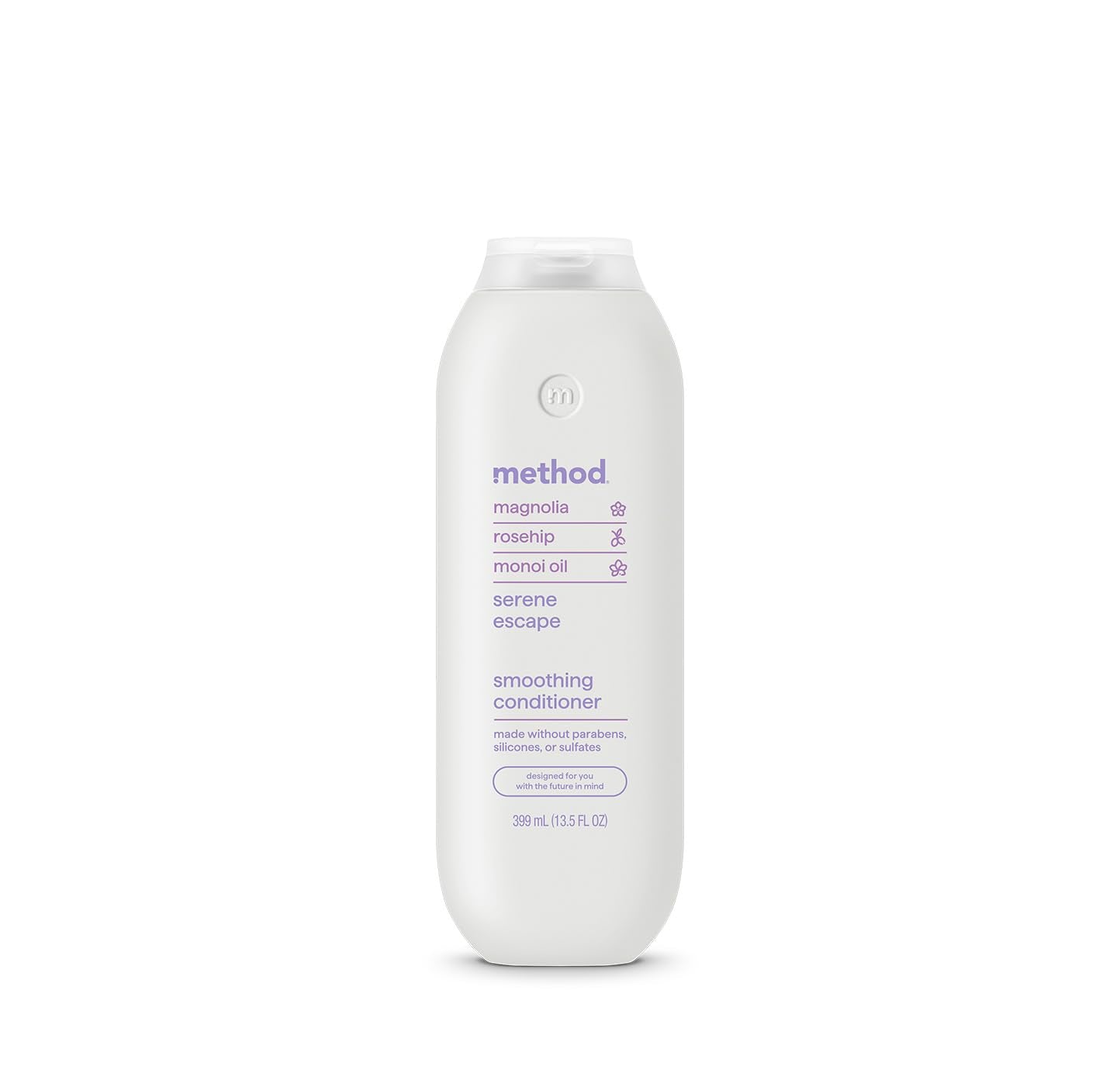Method smoothing conditioner front packaging showing size and scent benefits