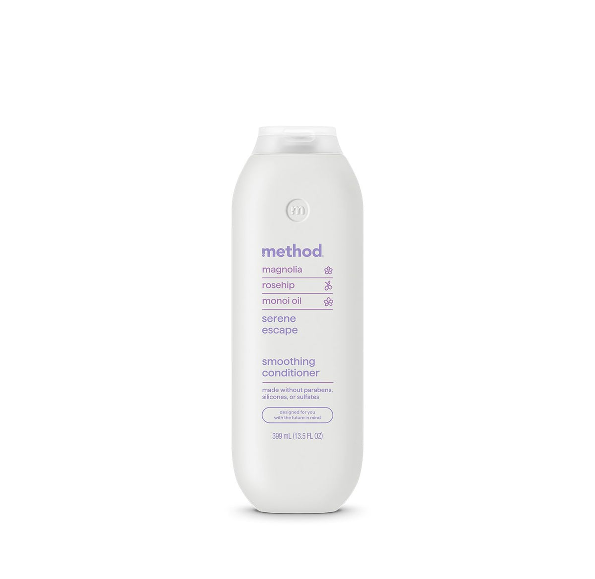 Method smoothing conditioner front packaging showing size and scent benefits