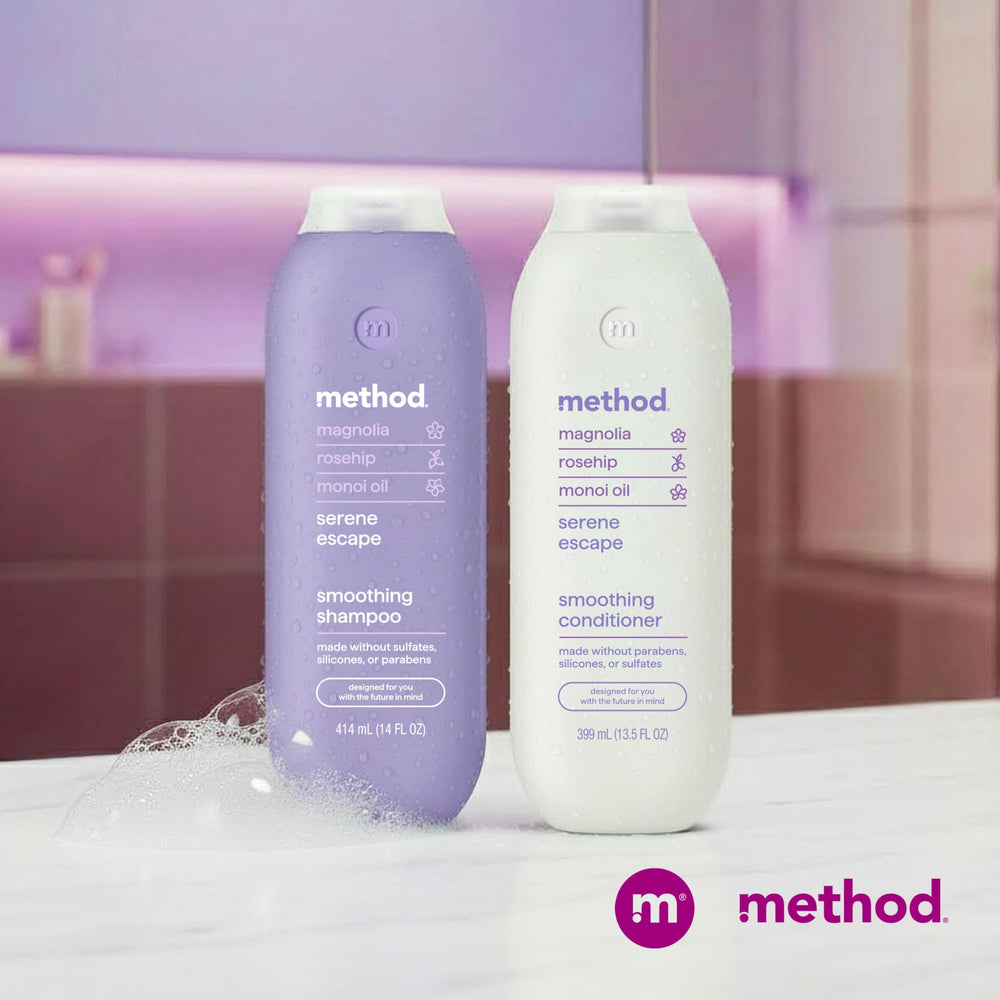 Method bottle on bathroom shelf in lifestyle setting for daily routine appeal