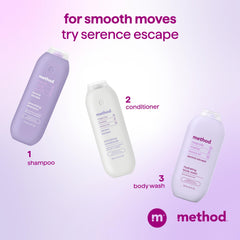 Method shampoo on shower shelf in a calm bathroom for aromatic escape