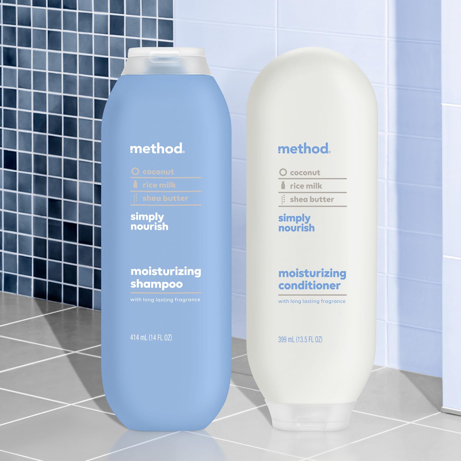 Method bottles placed on bathroom shelf evoking daily ritual benefit