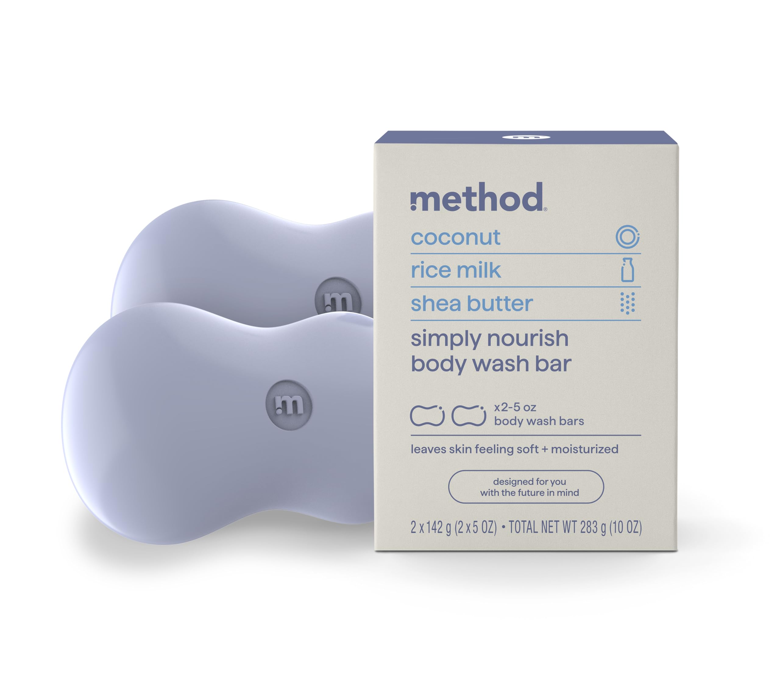 Method simply nourish front packaging showing two plastic-free bars and benefits