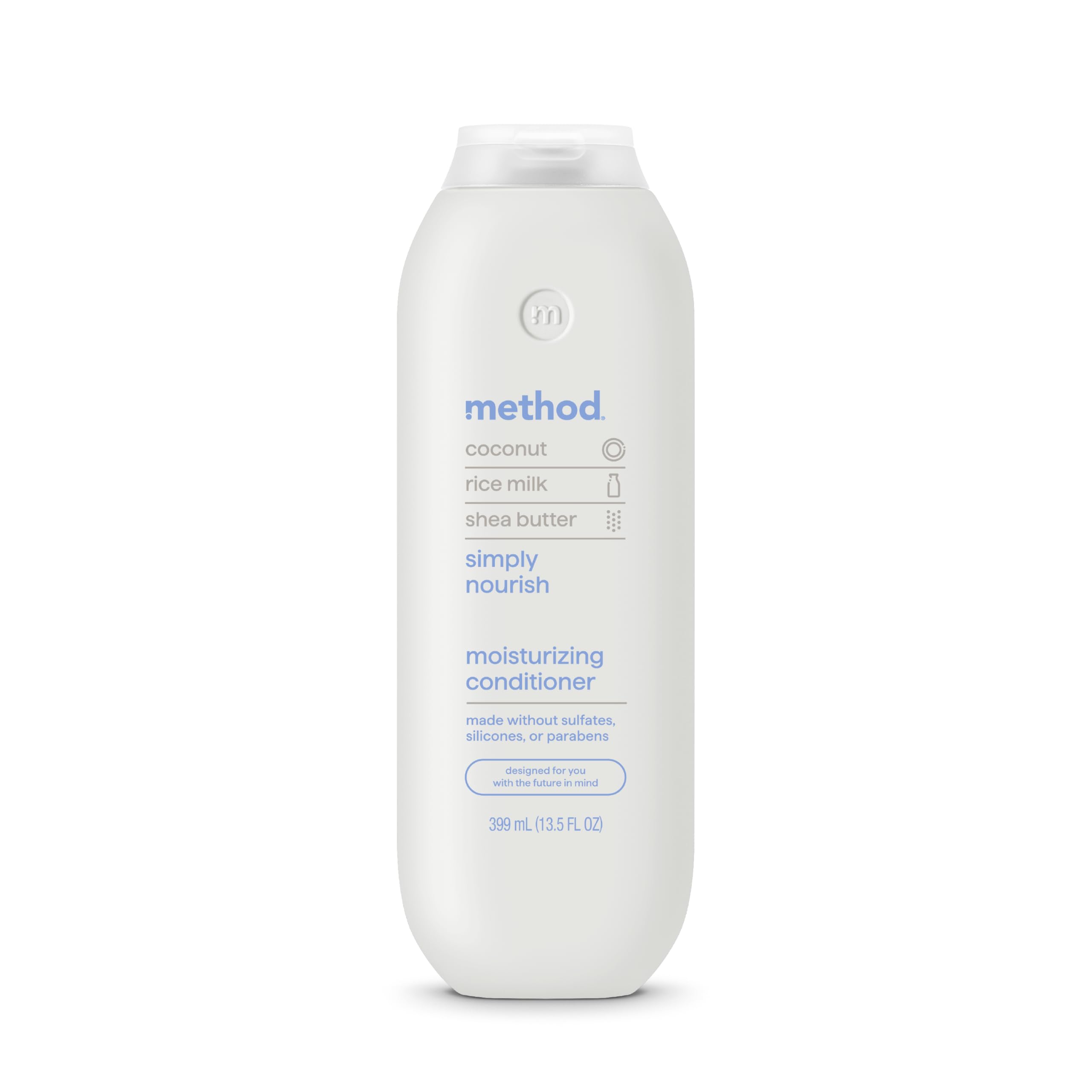 Method front packaging of Simply Nourish conditioner showing bottle and label, highlights hydration benefit