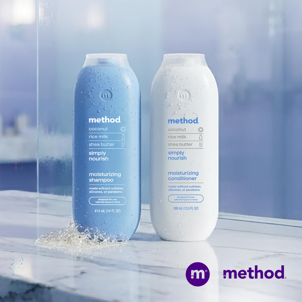 Method conditioner on bathroom shelf with towel and plants, conveying a relaxing self-care moment
