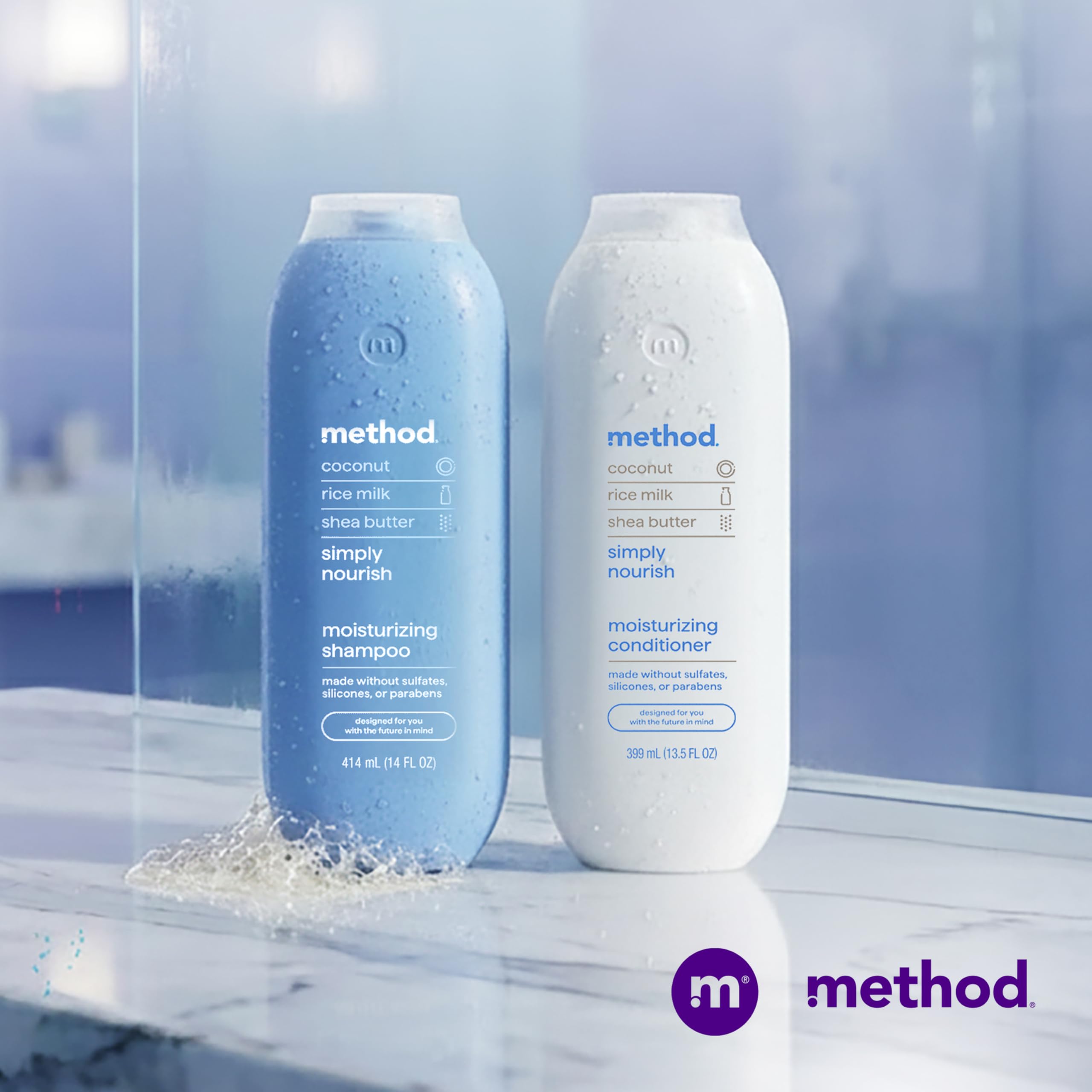Method shampoo on bathroom shelf styled for lifestyle appeal and daily ritual