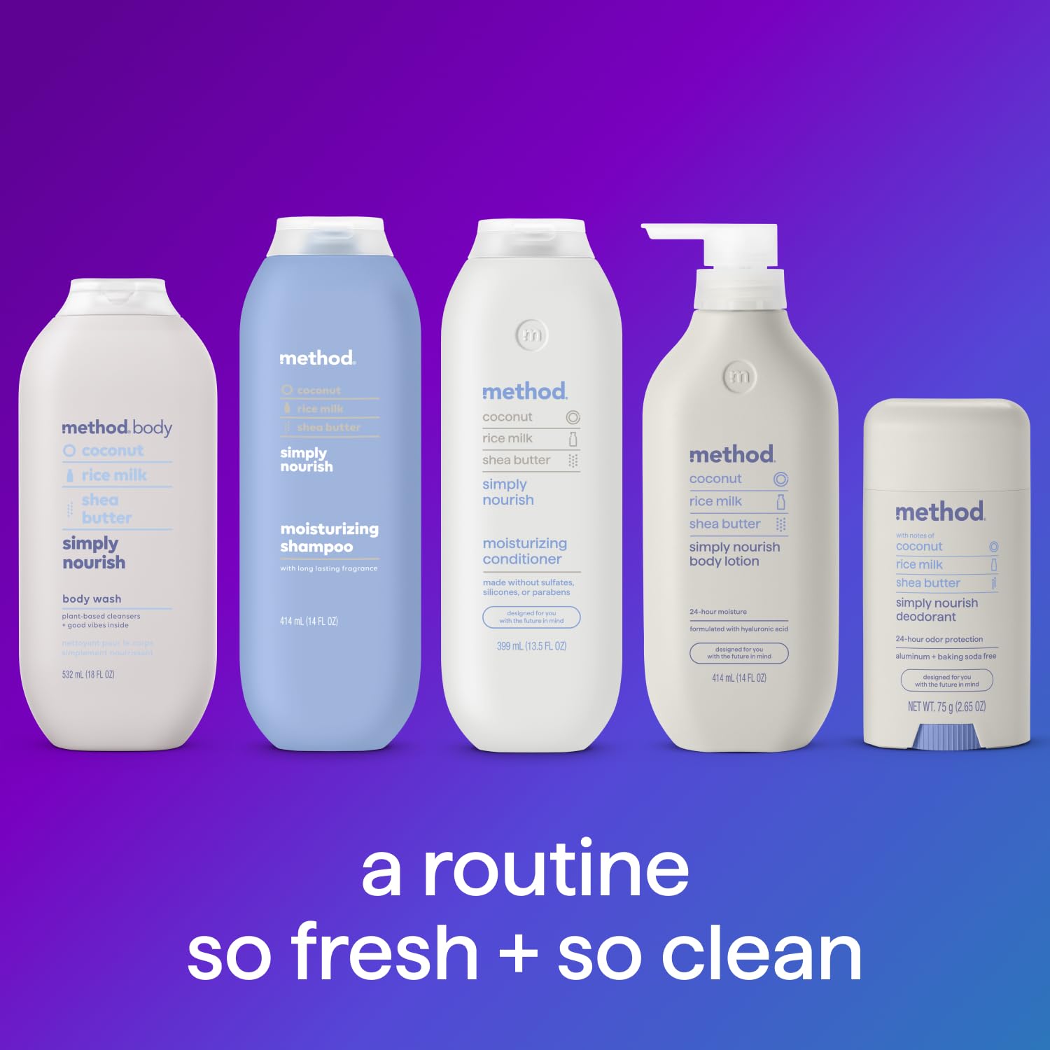 Method Simply Nourish recycled plastic bottle shot indicating 80% PCR packaging benefit