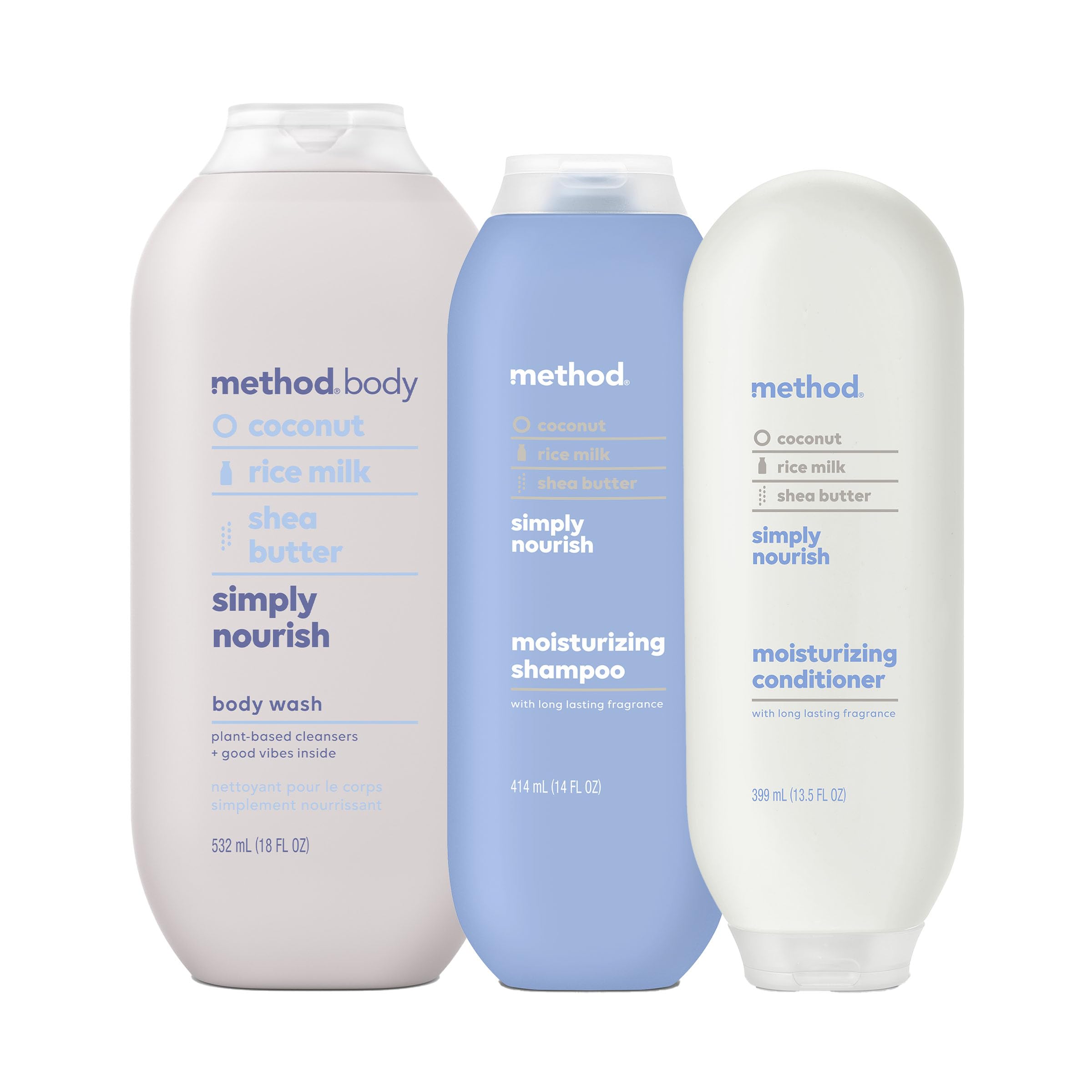 Method three full-size bottles displayed front showing set benefits