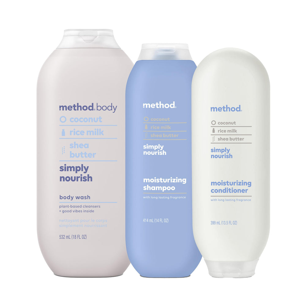 Method three full-size bottles displayed front showing set benefits