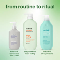 Method bottle held in hand to show 17 fl oz size and scale benefit