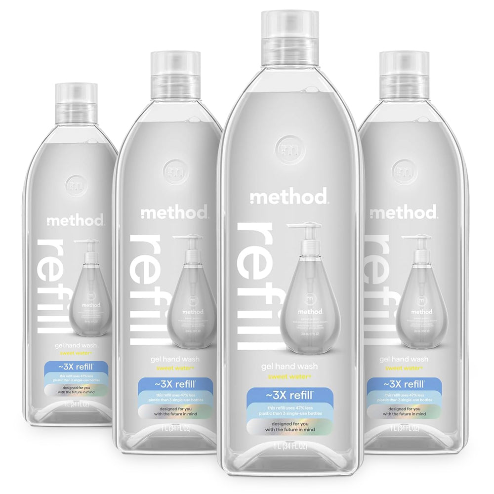 Method Sweet Water front packaging showing recyclable 34 oz bottle and brand benefits