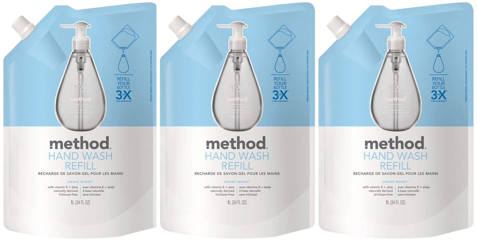 Method Sweet Water refill front packaging showing bottle and size benefit