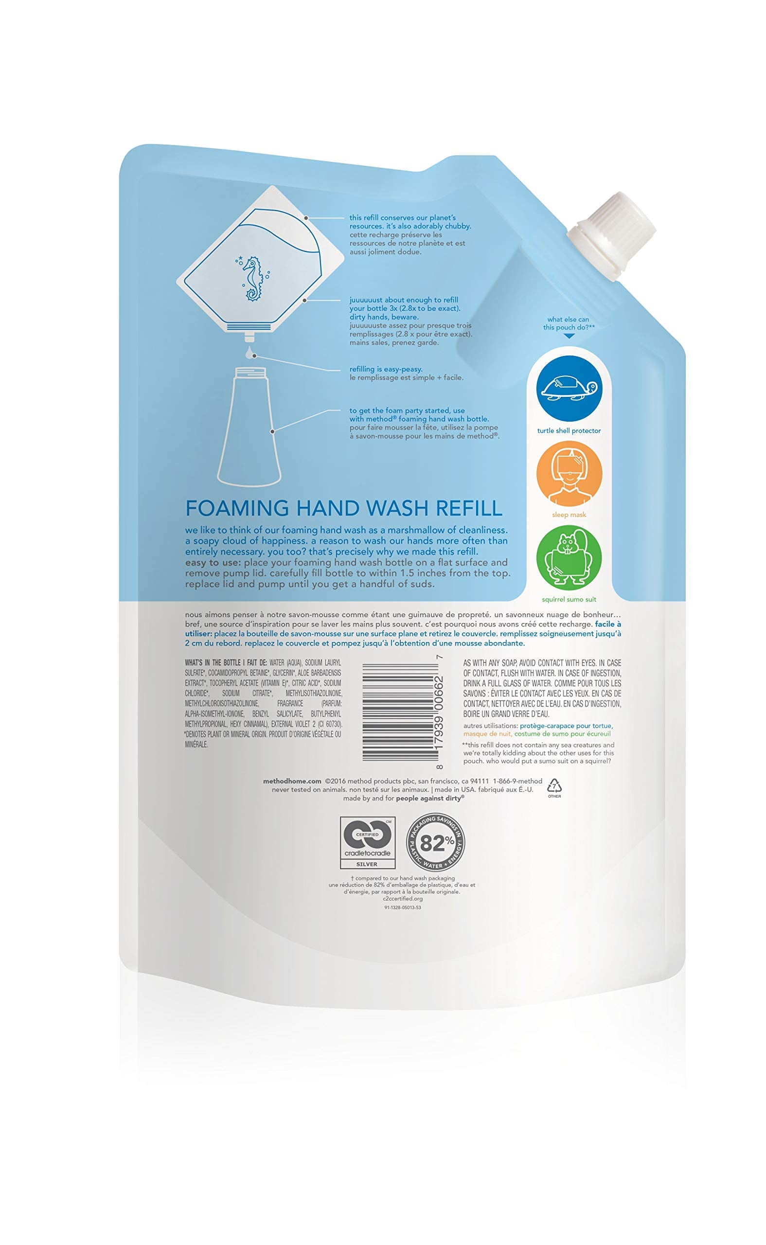 Method Sweet Water refill label closeup highlighting ingredients and clarity