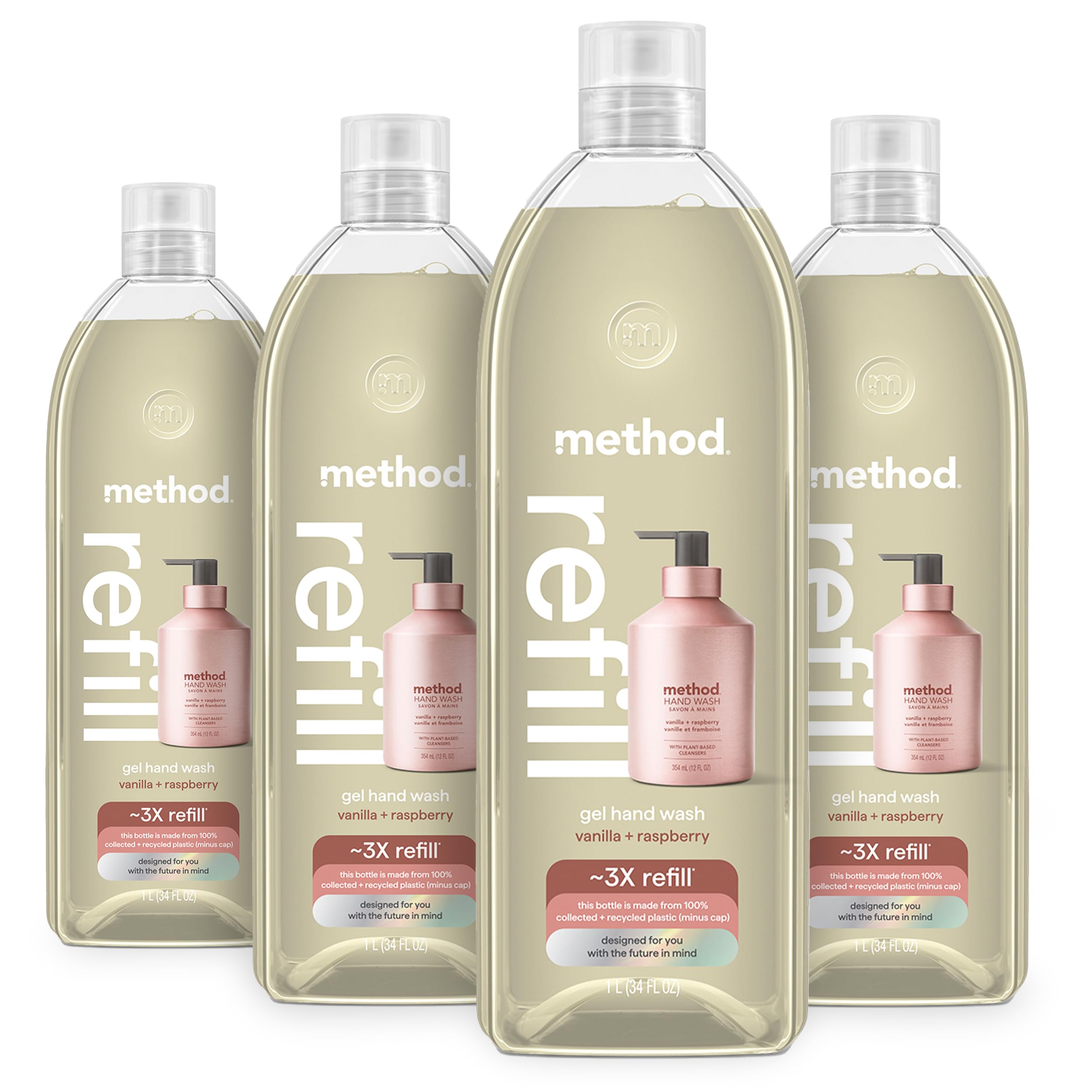 Method bottle front packaging showing recyclable four-pack and scent benefits