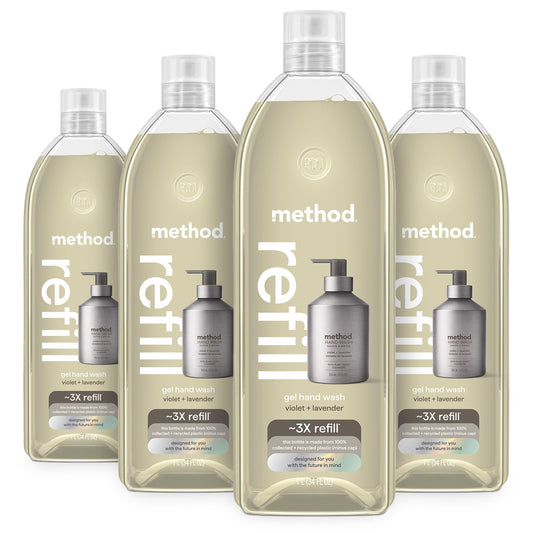 Method front packaging showing four refill tubs and purple label, eco benefit visible