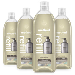 Method front packaging showing four refill tubs and purple label, eco benefit visible