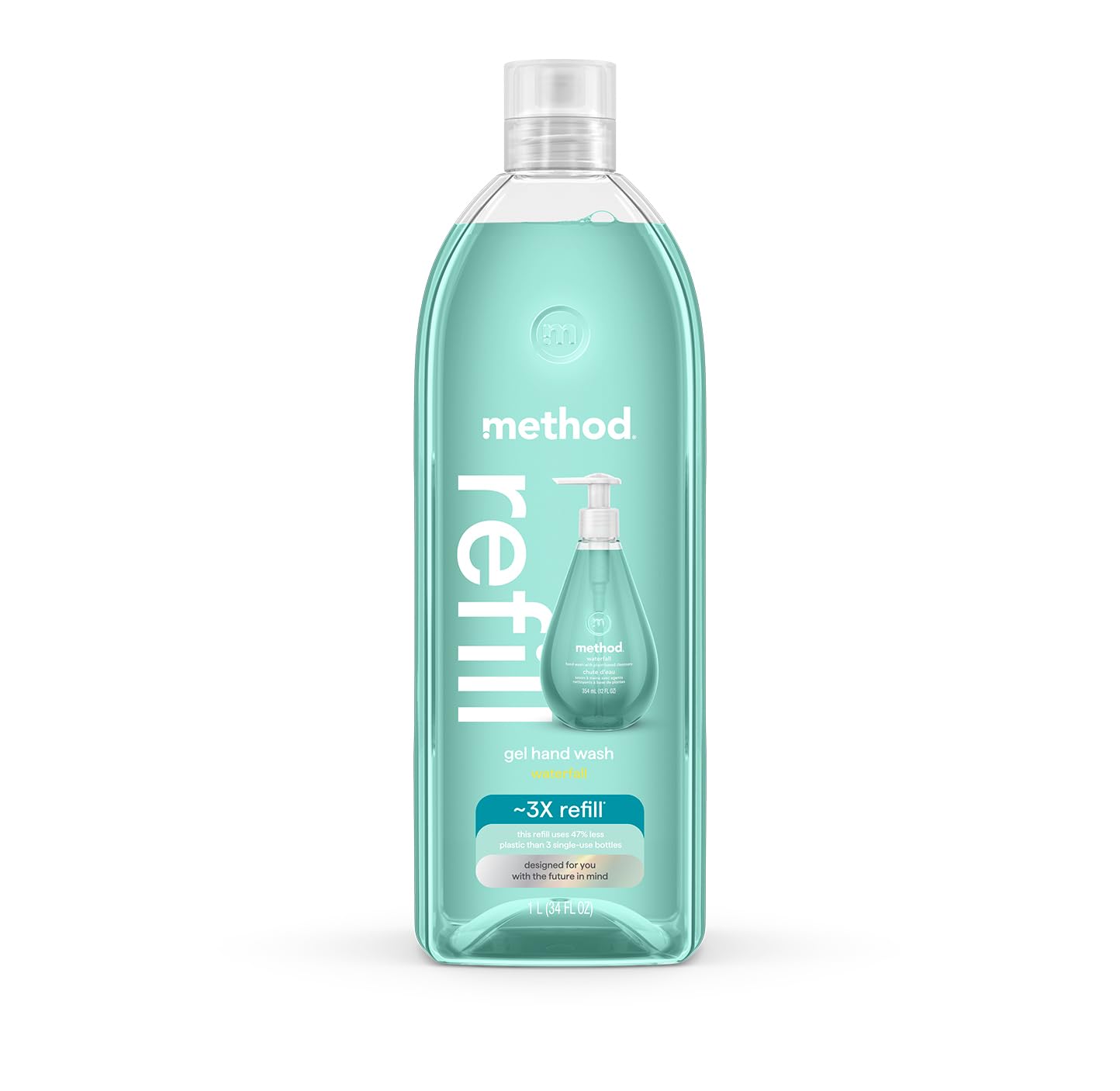 Method Waterfall 34 oz front packaging showing recycled plastic tub and branding benefits