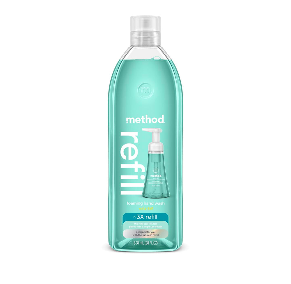 Method Waterfall refill front view showing 28 oz tub and eco packaging benefits