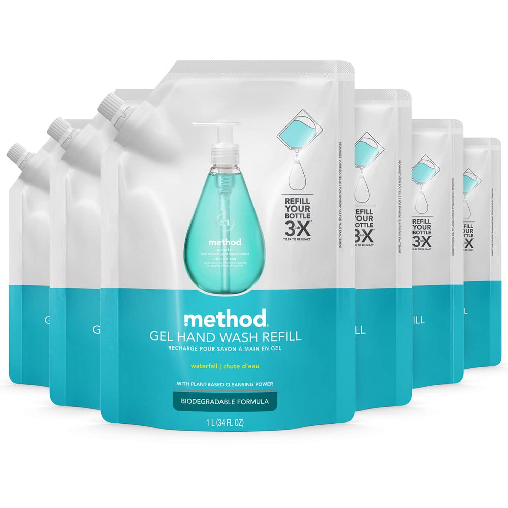 Method Waterfall pack front showing six 34 fl oz refill pouches and eco benefit