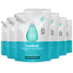 Method Waterfall pack front showing six 34 fl oz refill pouches and eco benefit