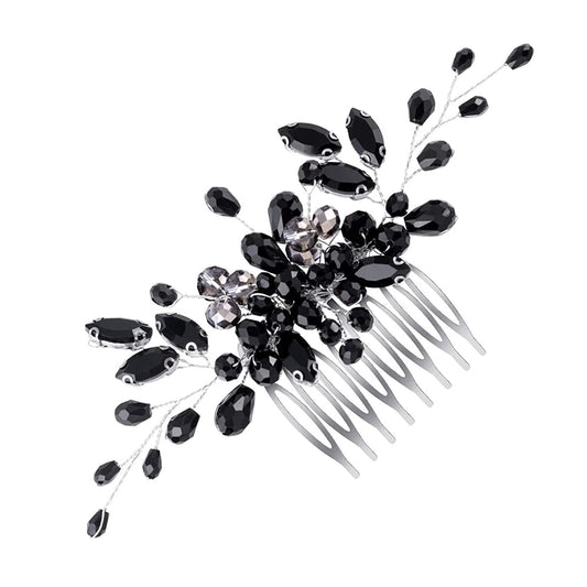 Metuynm front view of black teardrop comb showing elegant silhouette and sparkle for bridal styling