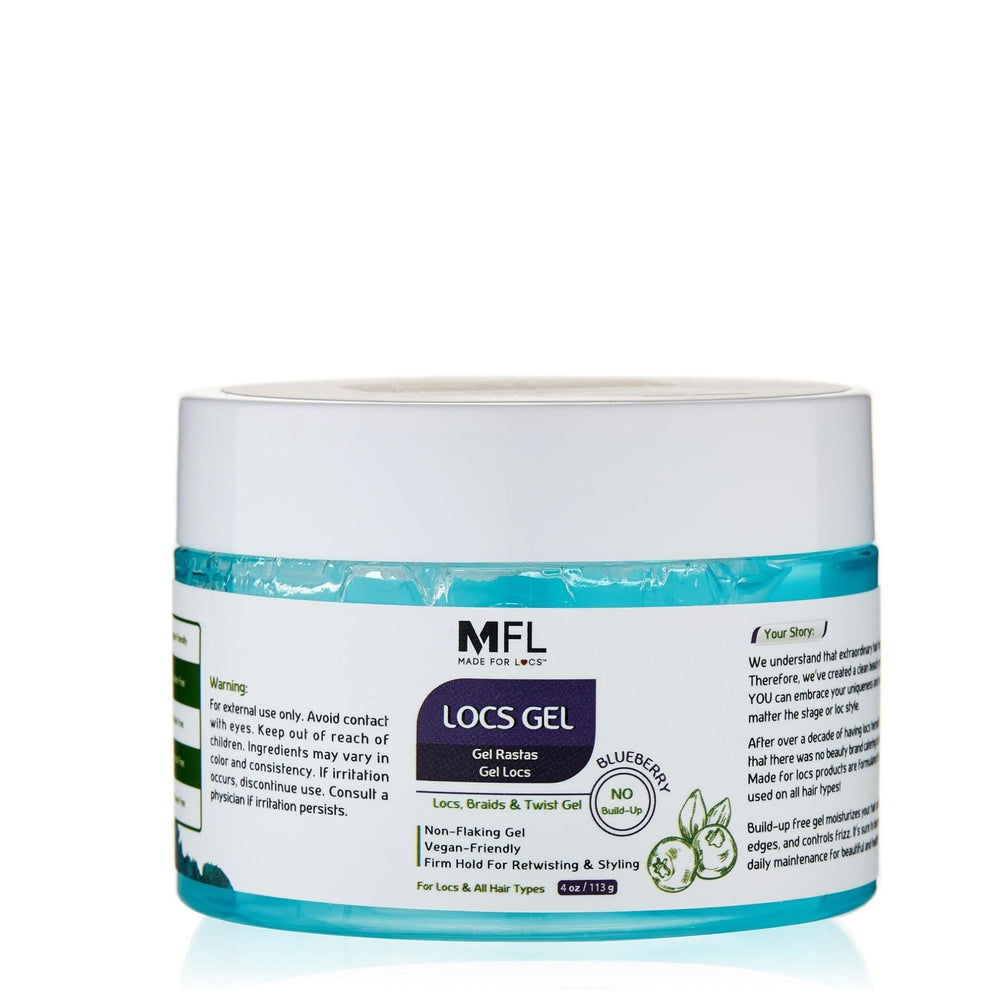 MFL MADE FOR LOCS jar front label showing blueberry scent and clear benefits