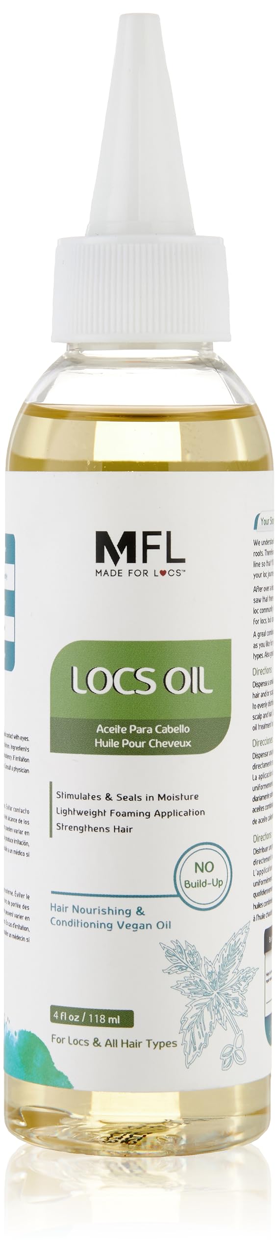 MFL MADE FOR LOCS front packaging showing 4 oz bottle and benefit of lightweight conditioning