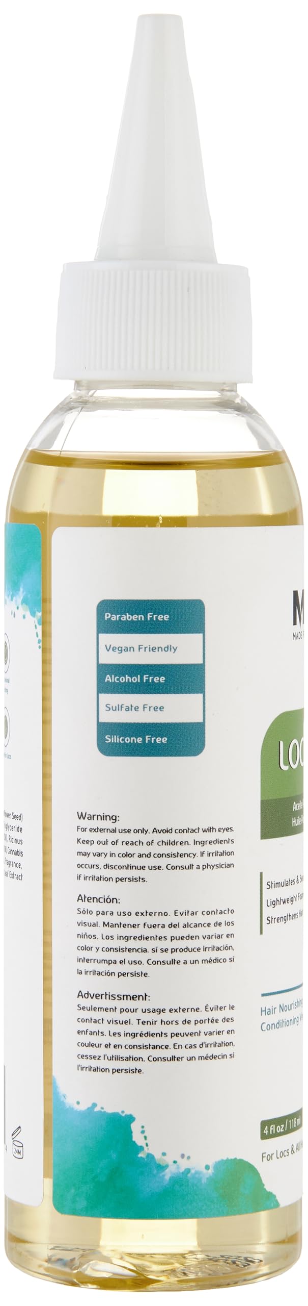MFL MADE FOR LOCS ingredient label close-up highlighting hempseed, castor, coconut benefits