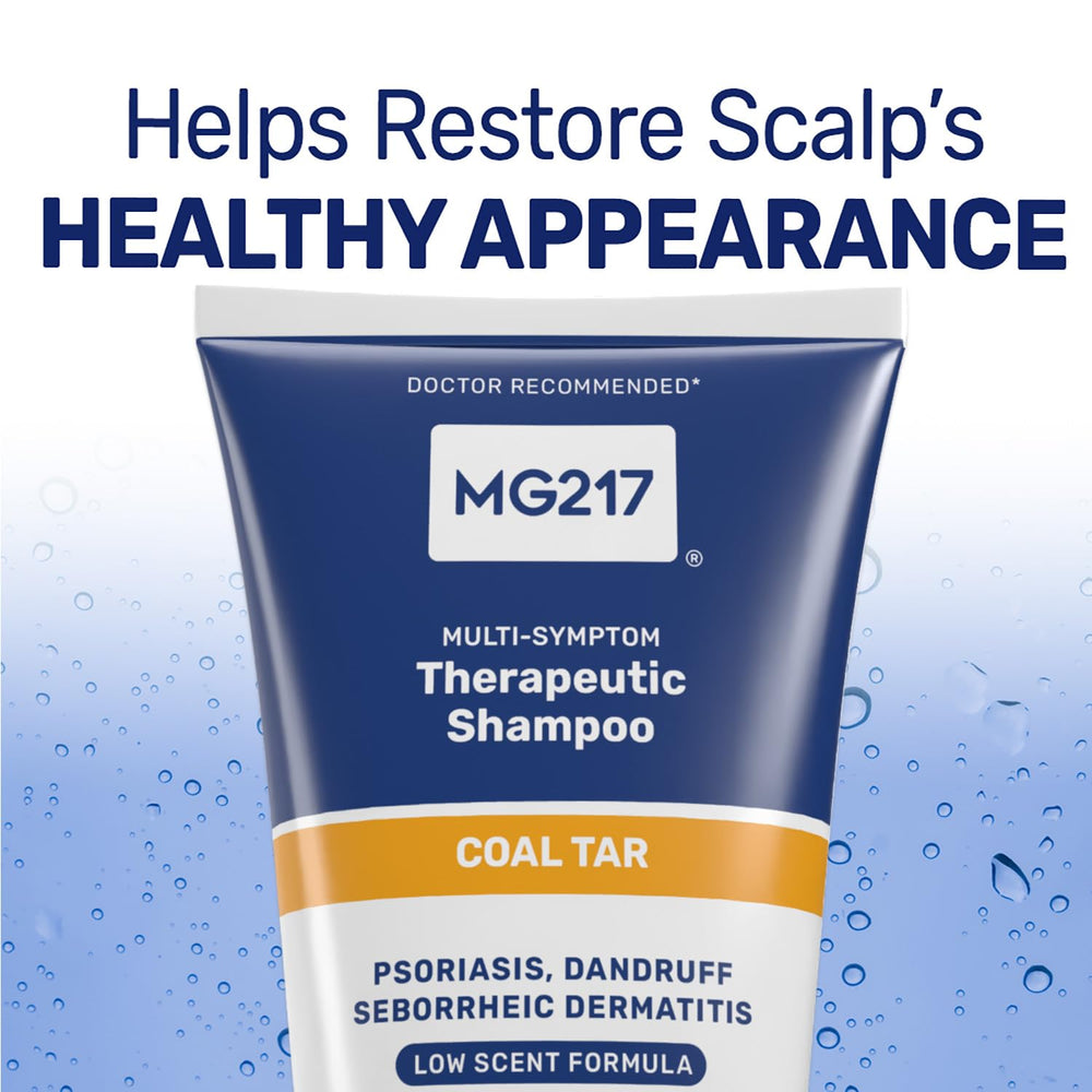 MG217 label close-up highlighting 0.5% coal tar and medicated conditioning benefit