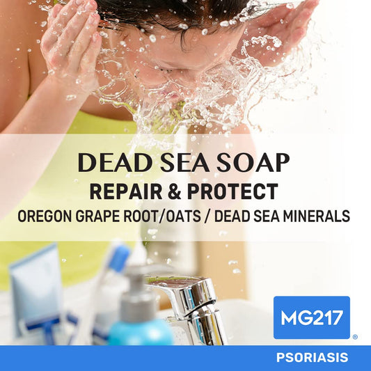 MG217 close-up of bar texture with Dead Sea salt granules for gentle exfoliation