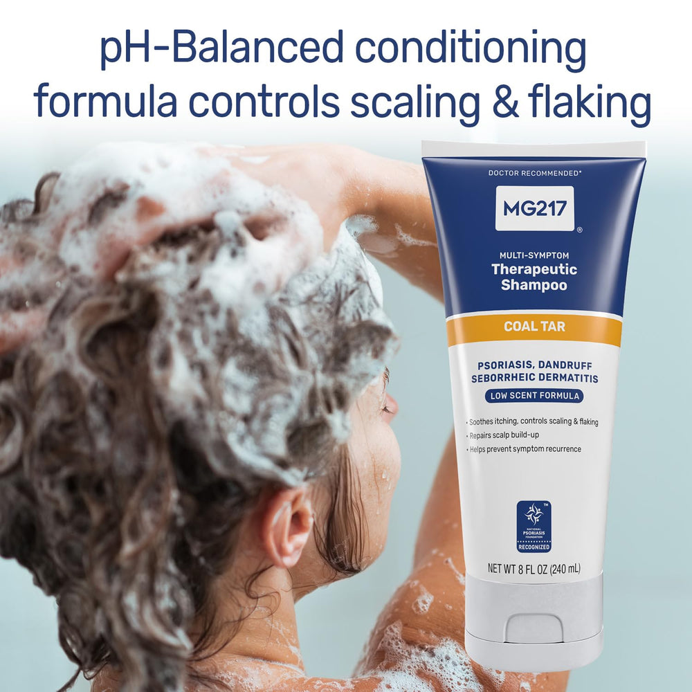 Person applying MG217 to scalp, brand in use to reduce itch and flaking