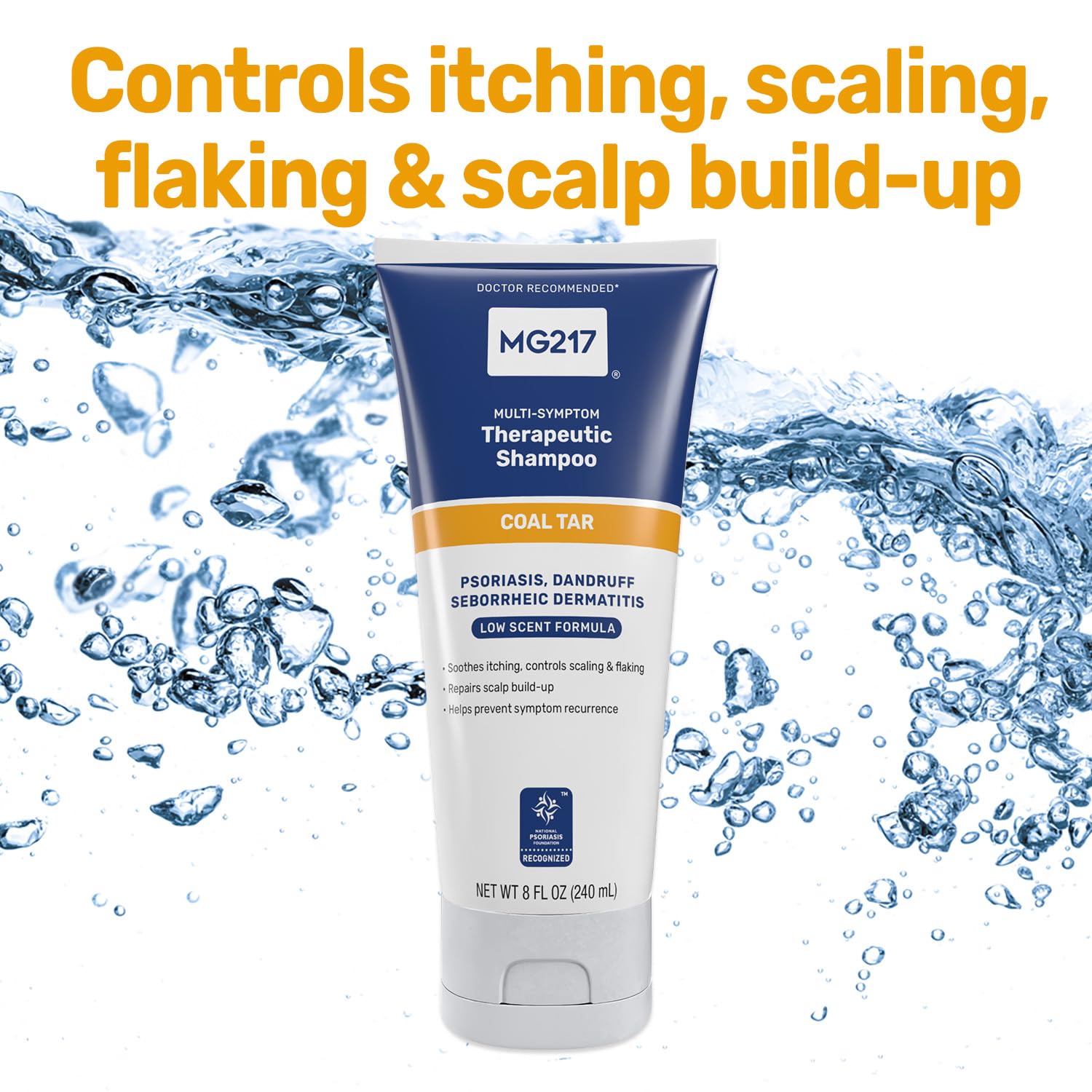 MG217 shampoo texture pouring from bottle, conditioner-like consistency for gentle cleansing