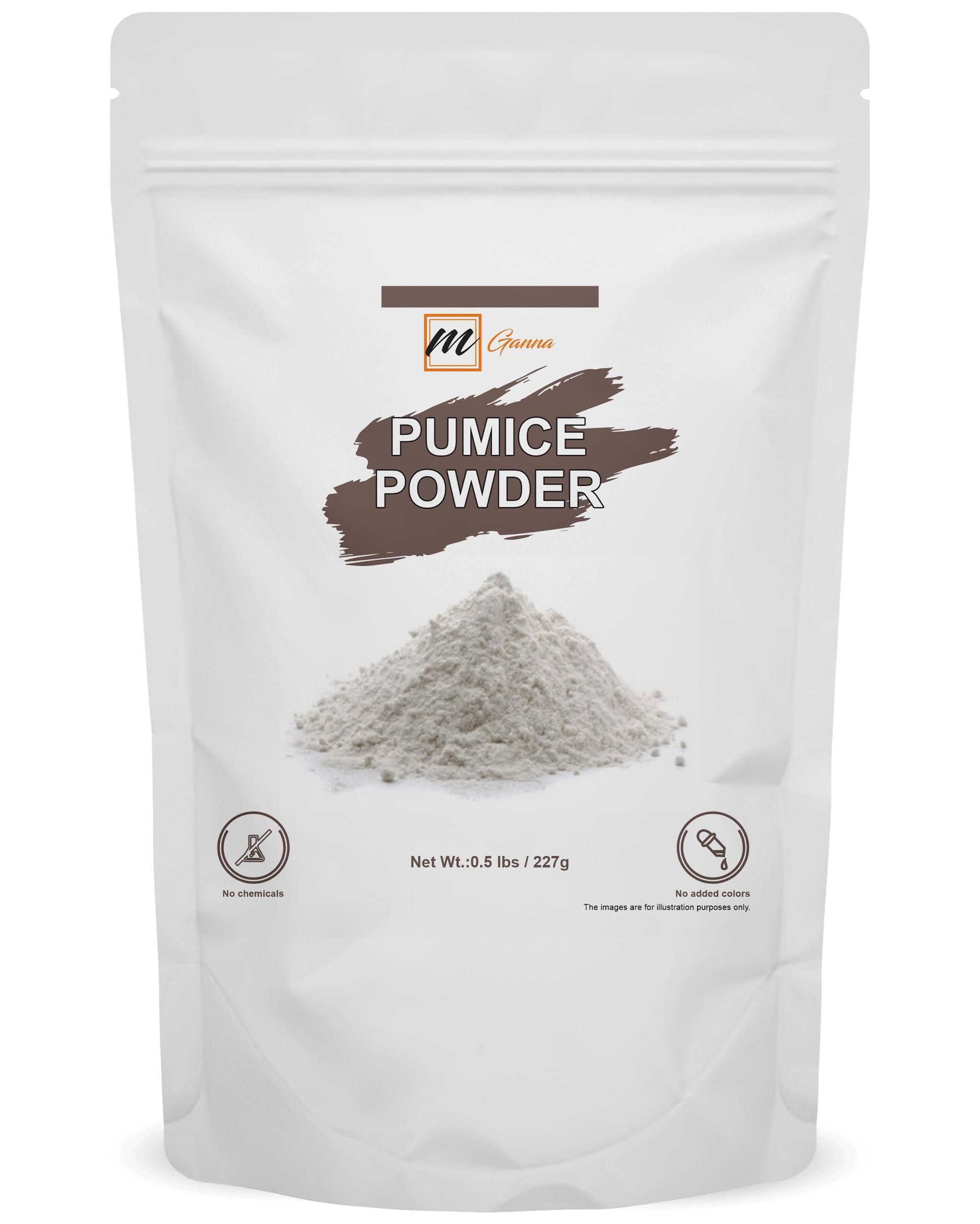 mGanna pumice powder pouch front view shows natural product and label benefit