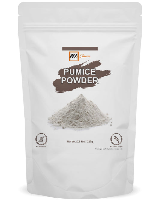 mGanna pumice powder pouch front view shows natural product and label benefit