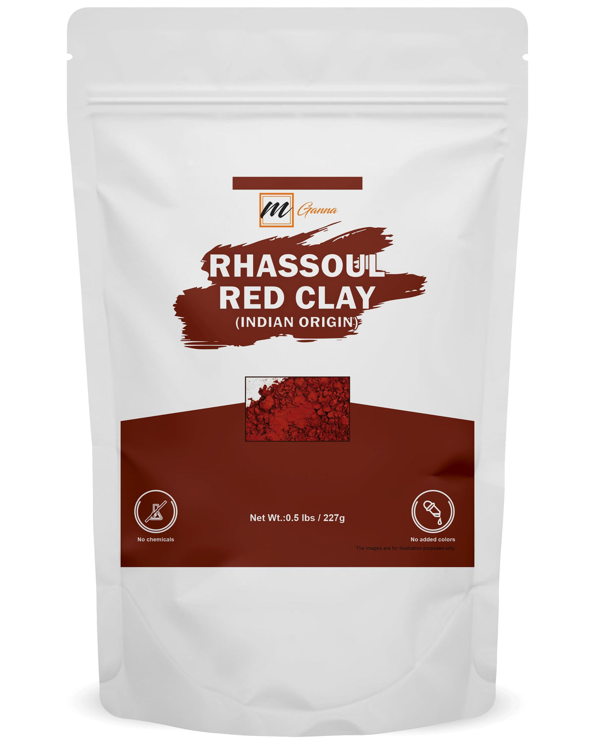 mGanna front packaging of rhassoul clay showing clean label and weight benefit
